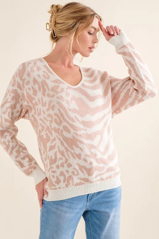 And The Why Leopard-Zebra Print Sweater in Pale Pink