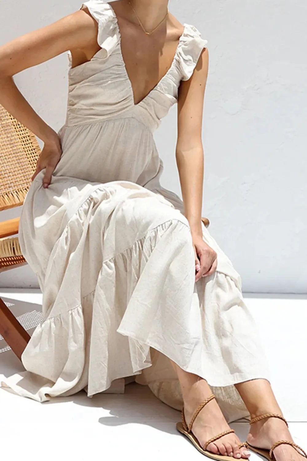 Ruffled V-Neck Tiered Cotton Dress