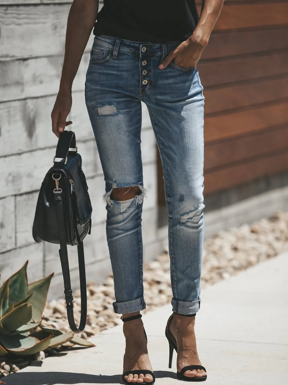 Distressed Button-Fly Skinny Jeans in Light Blue by Lone Star Lady