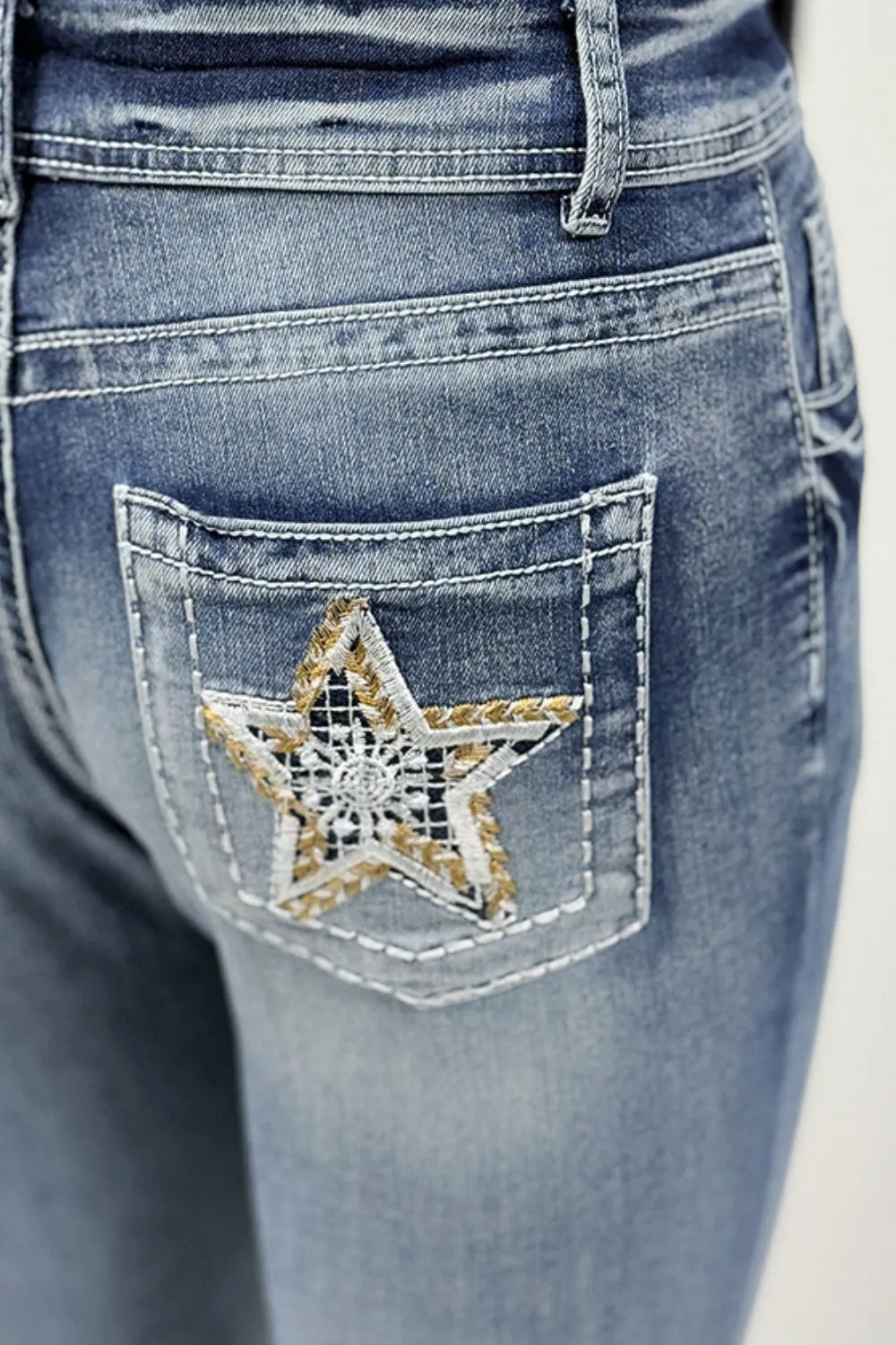 Star Embroidered Bootcut Jeans in Light Wash