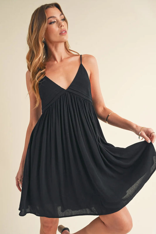 Ruched Plunge Mini Cami Dress in Black