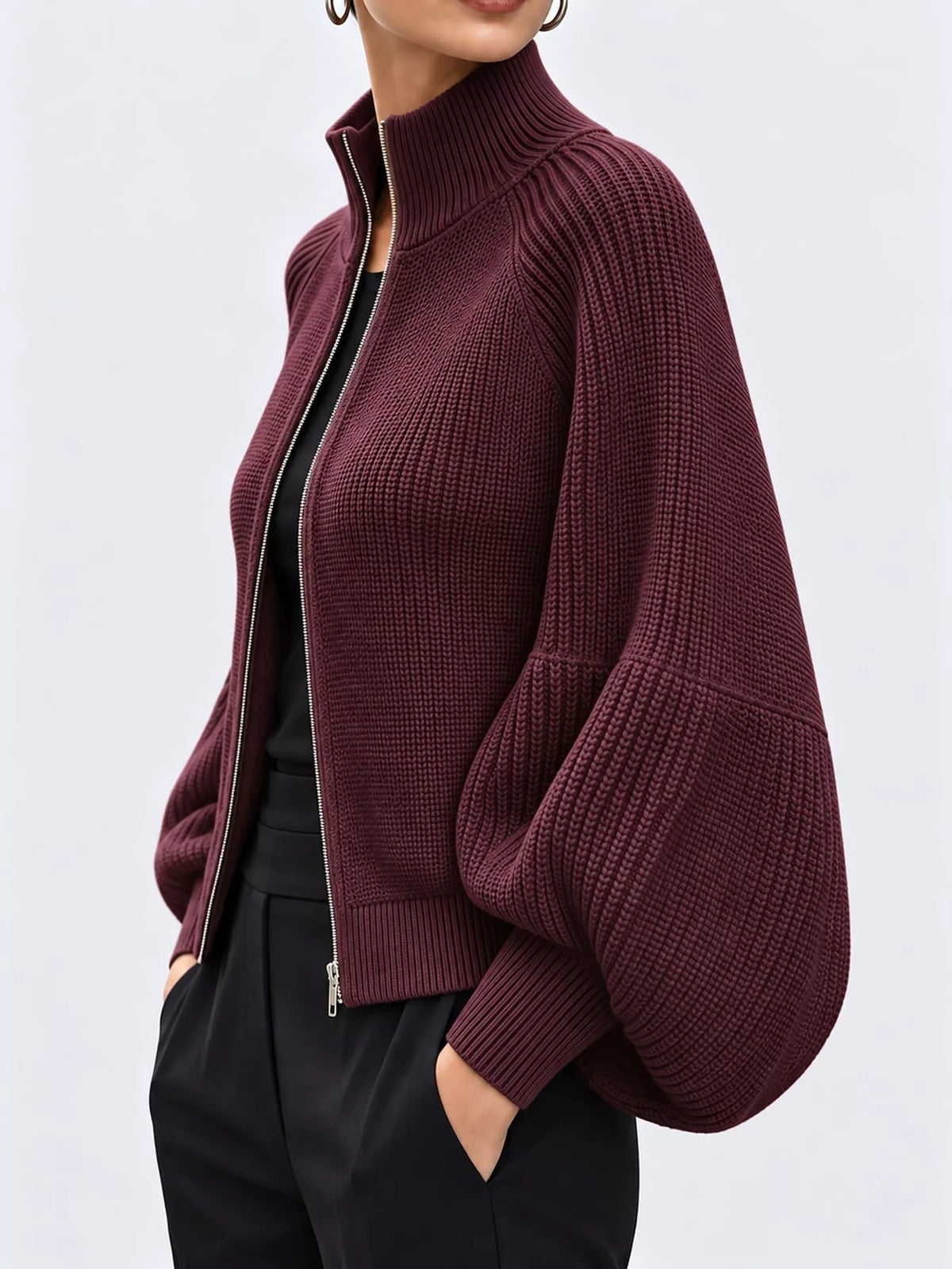 Ribbed Knit Zip-Up Cardigan with Lantern Sleeves