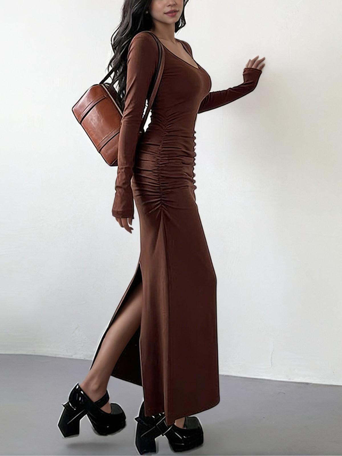 Long-Sleeve Ruched Bodycon Maxi Dress