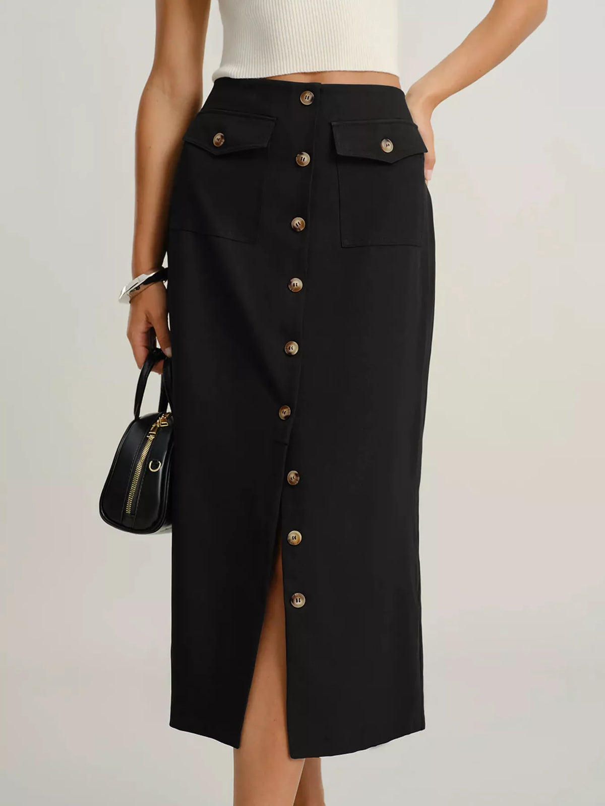 Button-Front Midi Skirt in Black