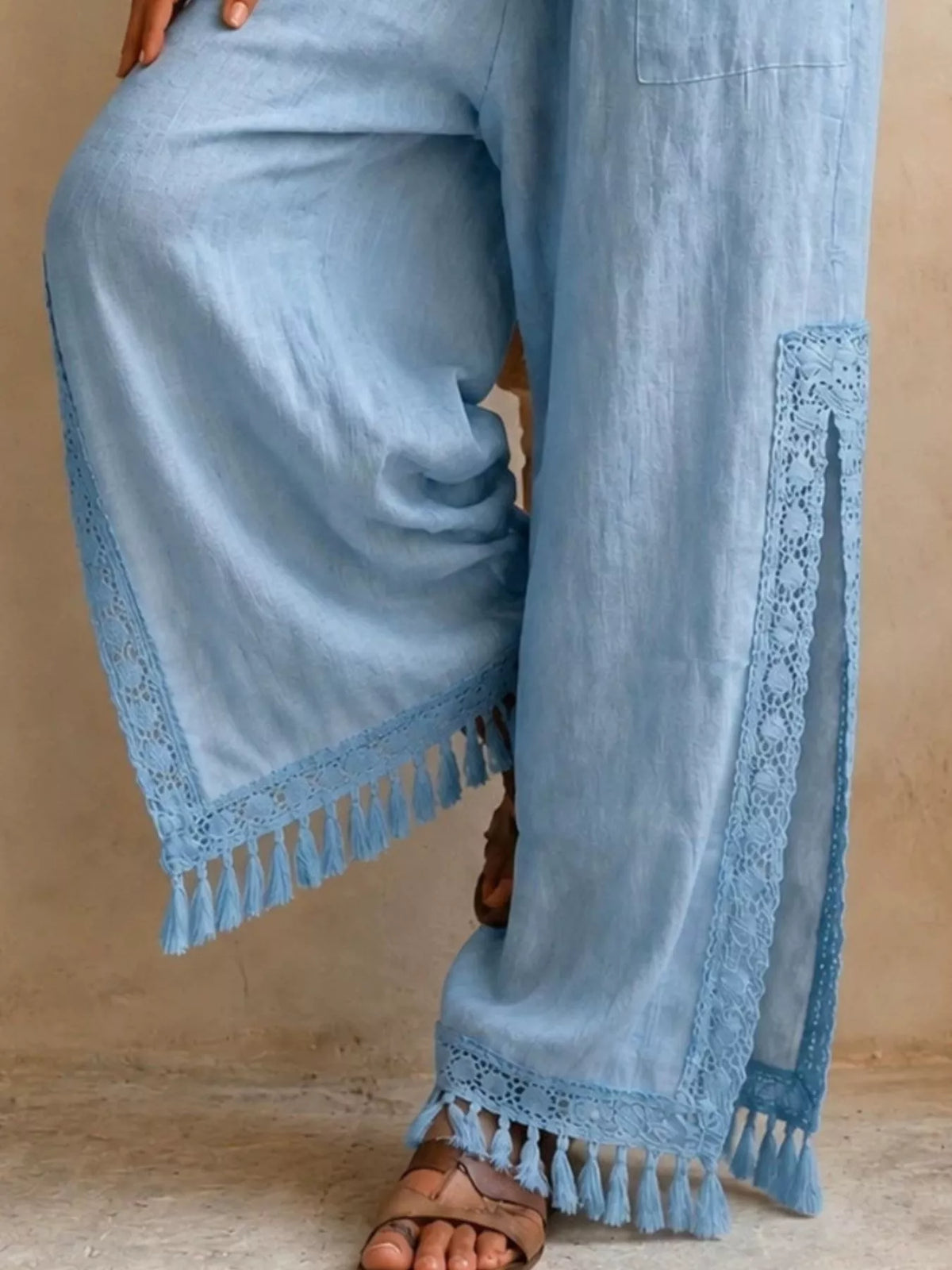 Lace-Detail Slit Wide Leg Pants