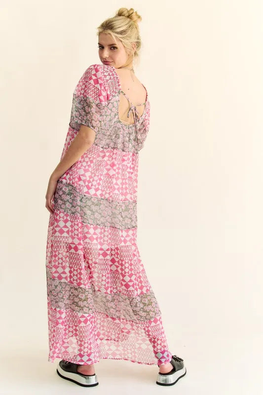 Multi Floral Square Neck Puff Sleeve Maxi Dress in Indian Pink