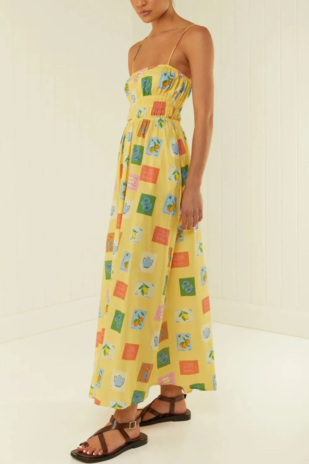 Printed Square Neck Pocket Maxi Dress in Yellow