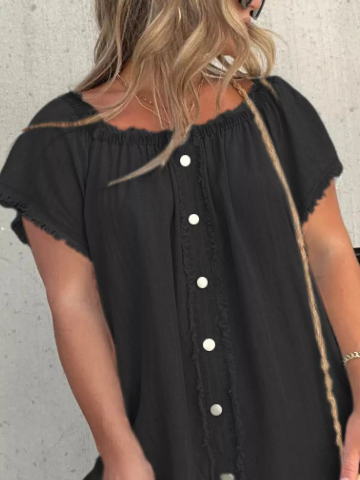 Off-Shoulder Button-Down Frayed Denim Dress