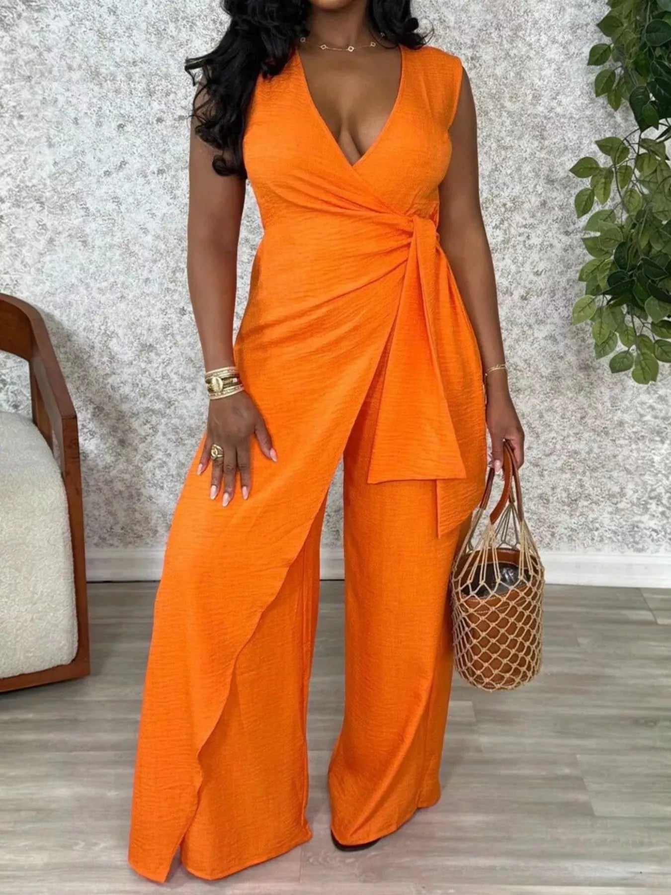 Wrap Front Wide Leg Jumpsuit