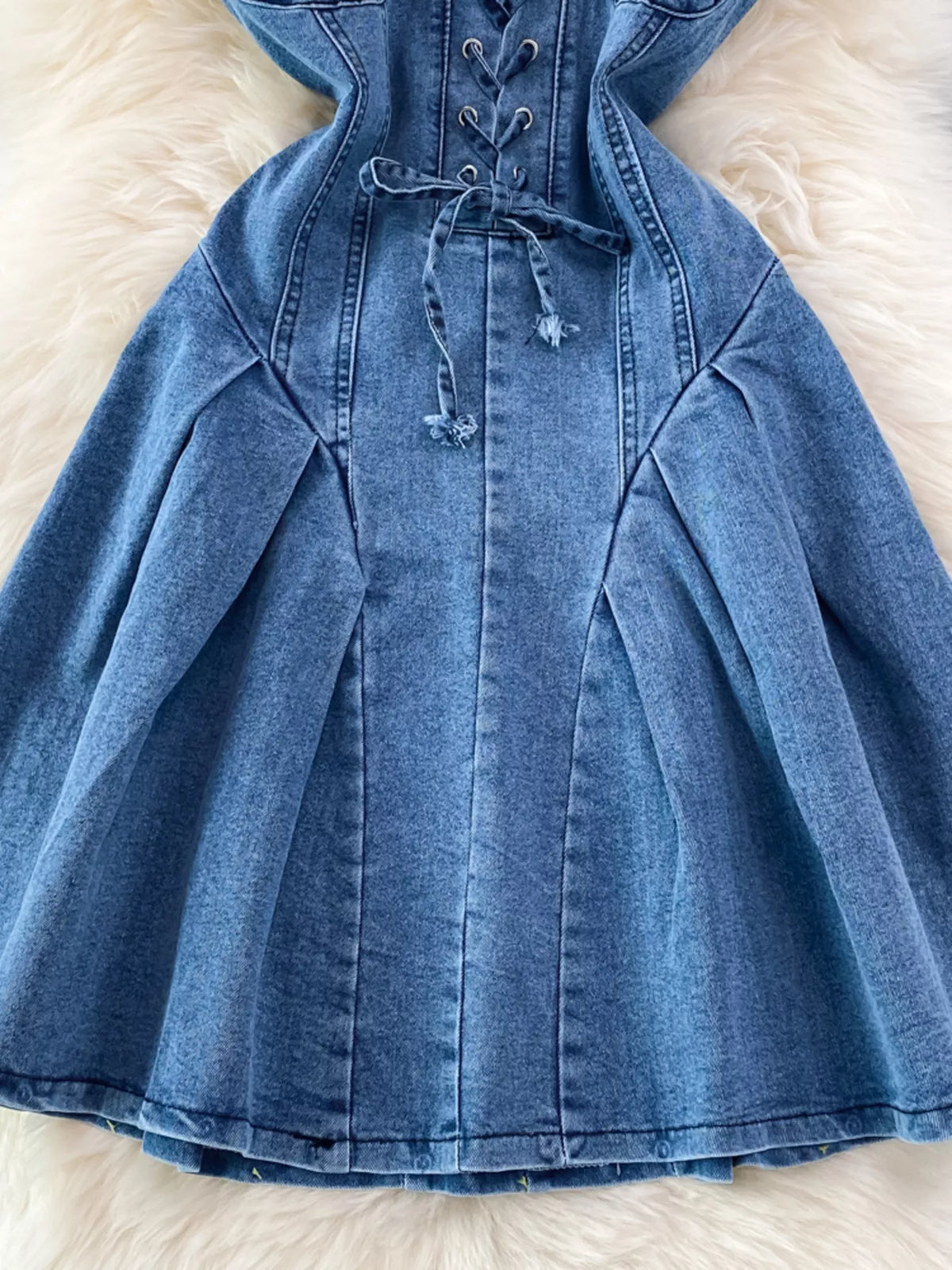 Lace-Up Denim A-Line Mini Dress in Blue