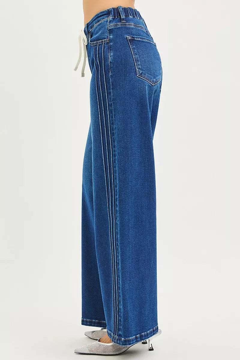 Risen Pintuck Drawstring Wide Leg Jeans in Dark Wash