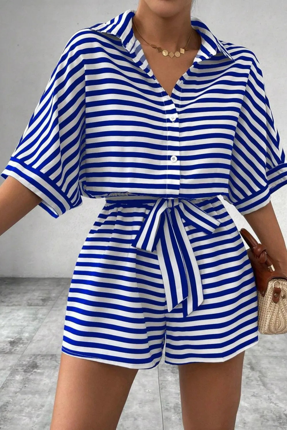 Striped Collared Tie Waist Romper