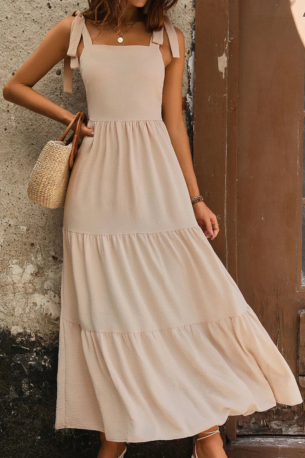 Tie-Shoulder Smocked Tiered Dress in Tan