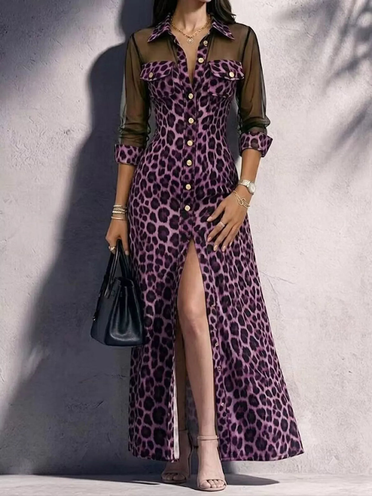 Leopard Sheer Mesh Button-Down Maxi Dress