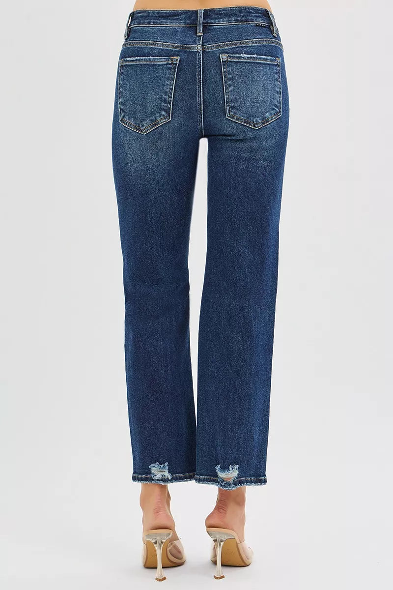 Risen High Rise Slim Straight Crop Jeans in Dark Wash