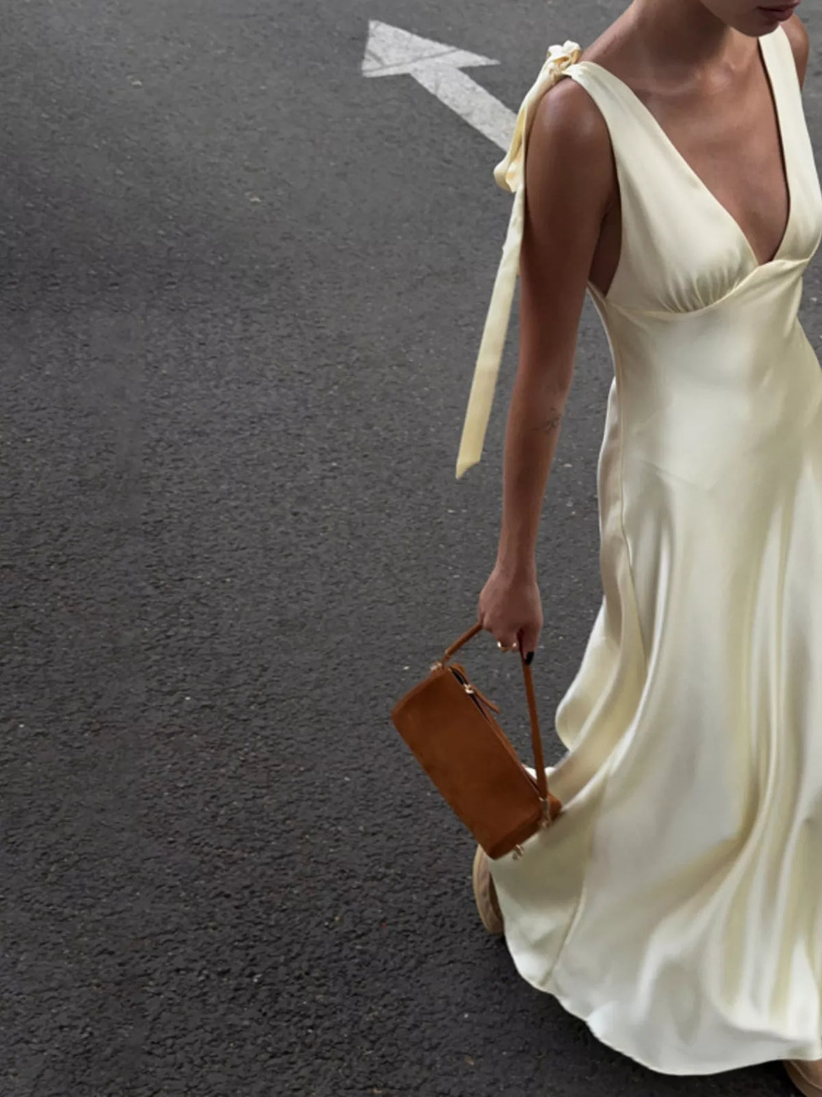 Satin Tie Shoulder Deep V-Neck Dress in Beige