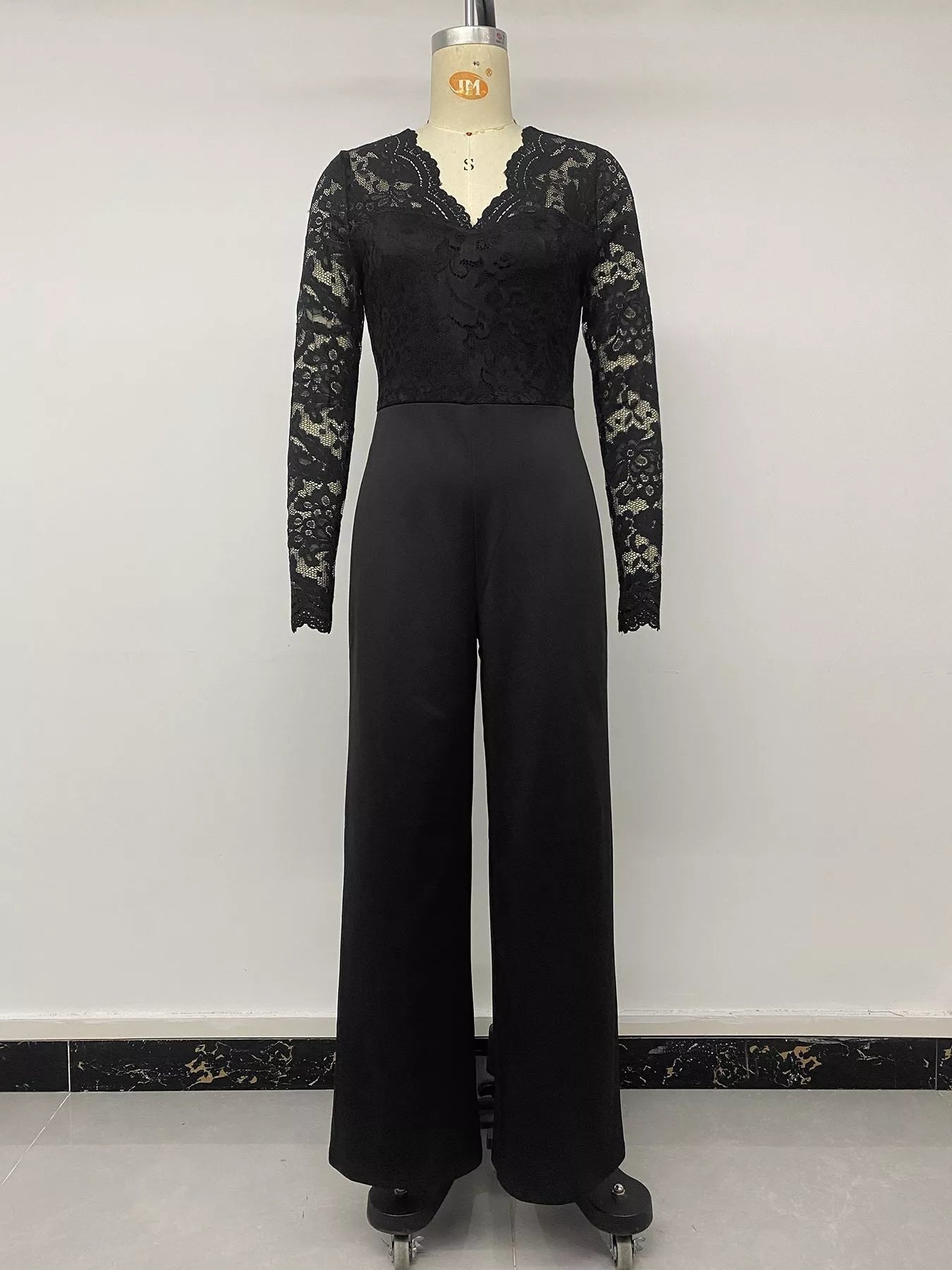 Lace Long Sleeve Wide-Leg Jumpsuit in Black