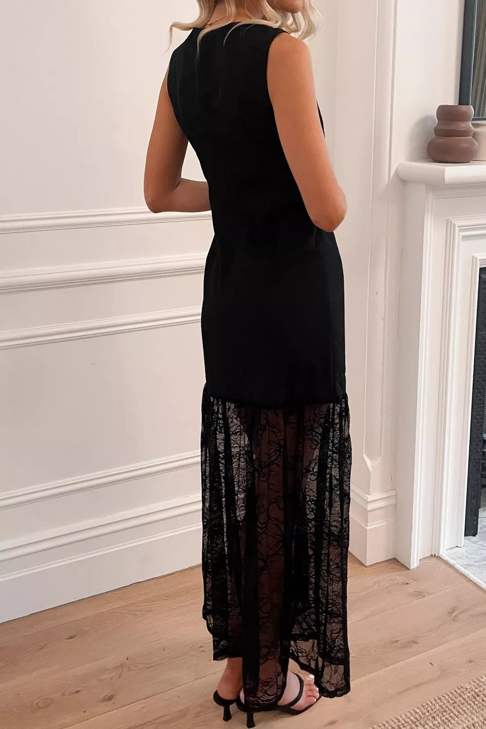 Sheer Floral Lace Patchwork Maxi Dress in Black