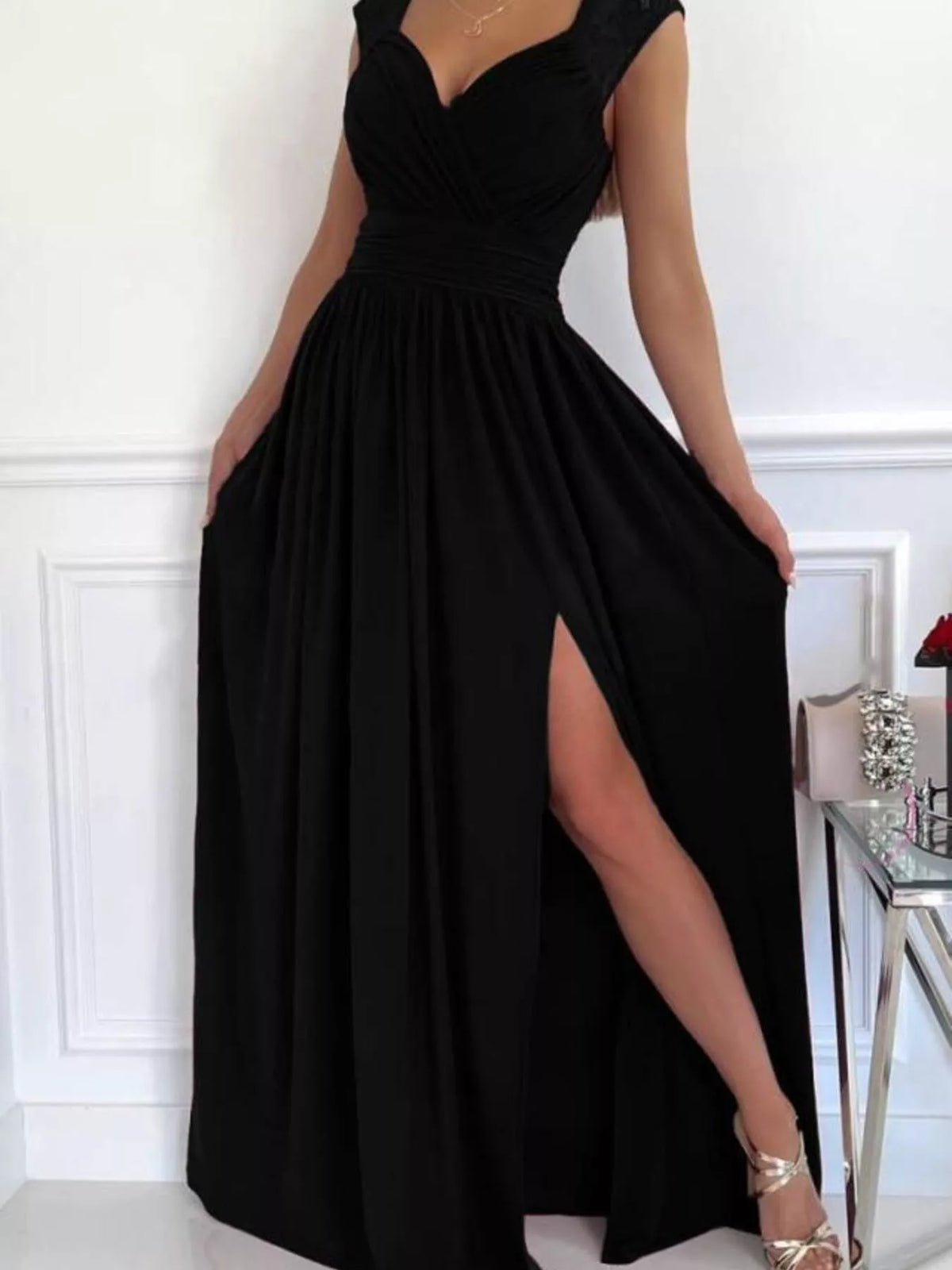 Lace Detail High Slit Maxi Dress