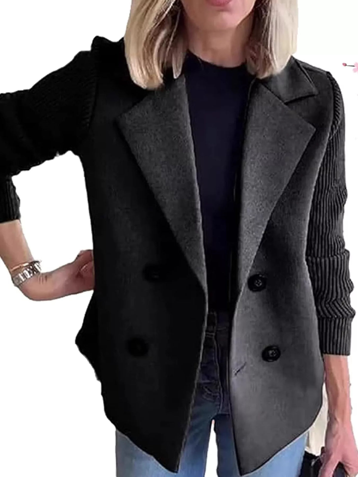 Double-Breasted Hybrid Blazer with Ribbed Knit Sleeves