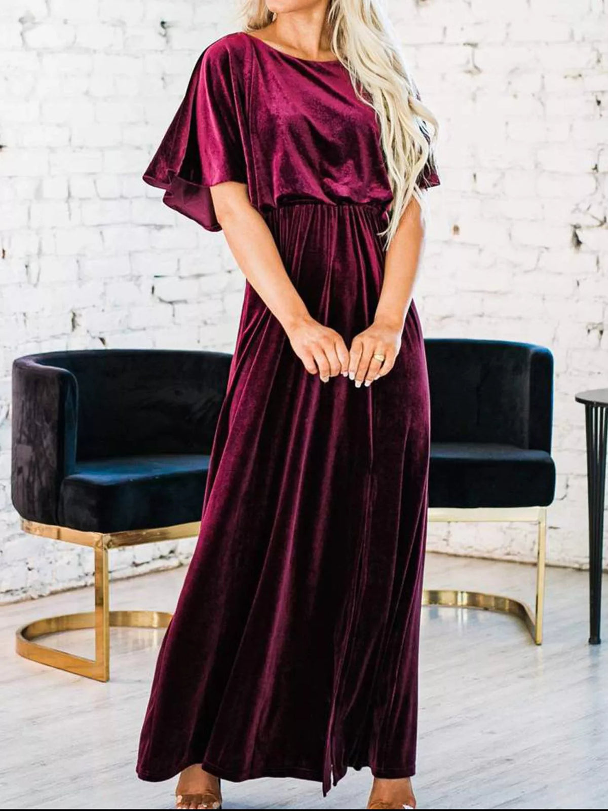 Flutter-Sleeve Velvet Maxi Dress