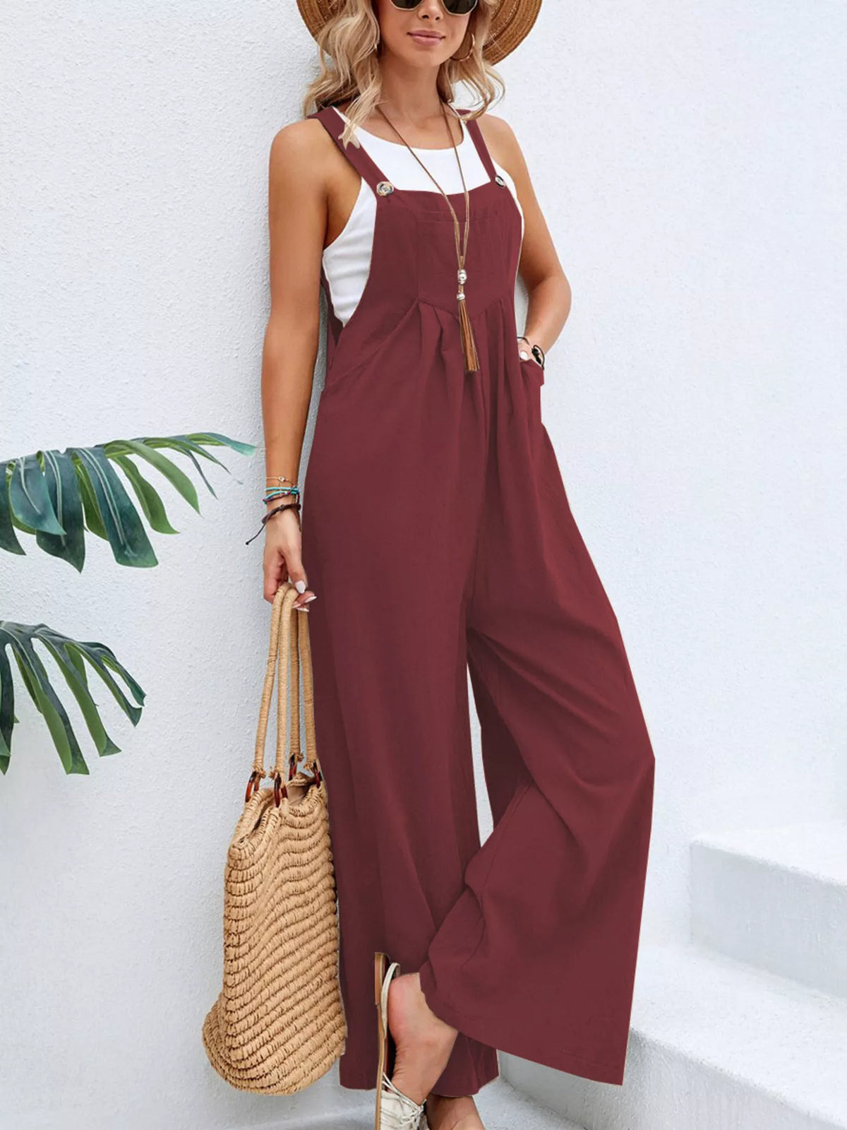 Casual Wide-Leg Overalls with Pockets