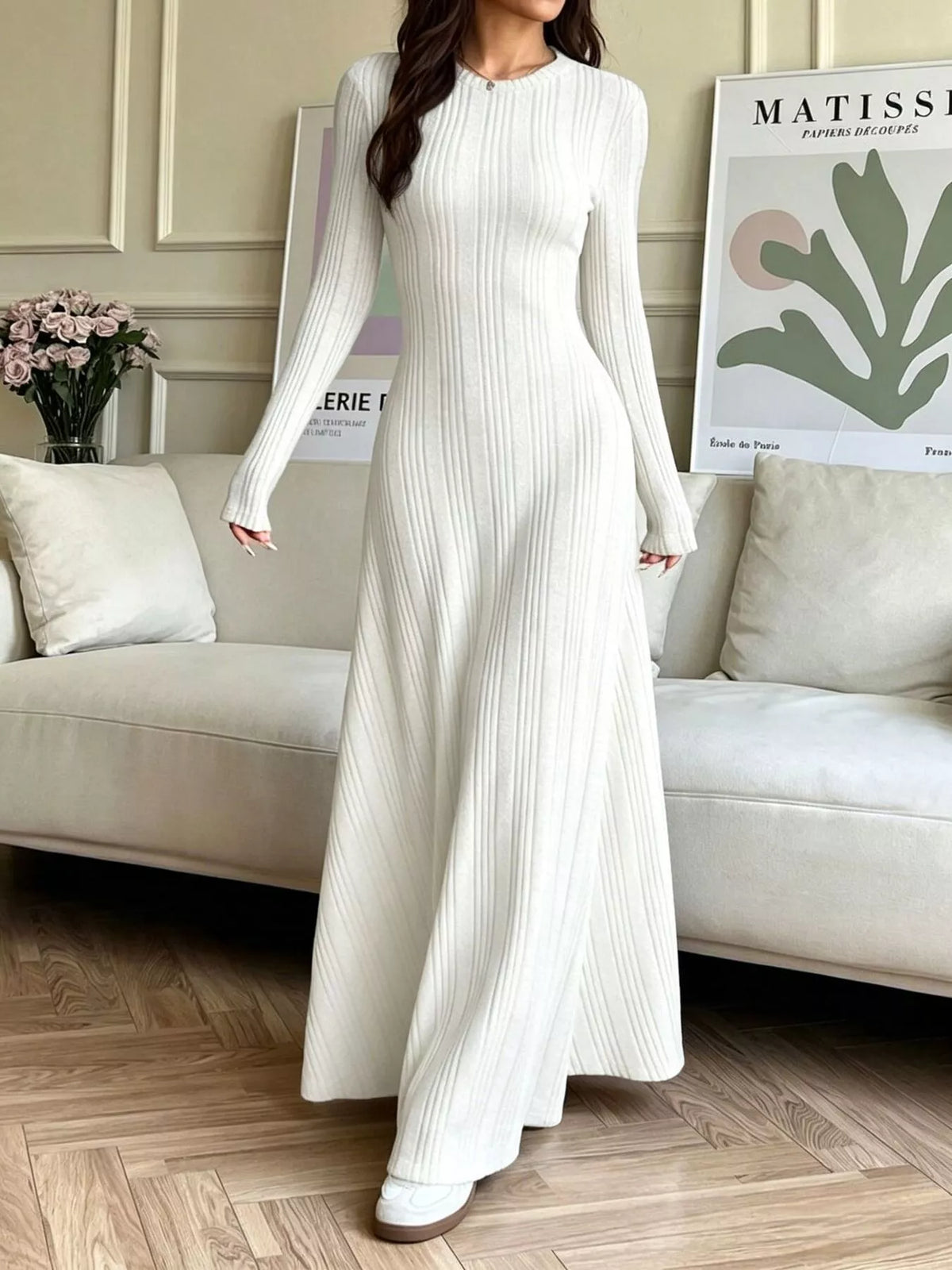 Ribbed Knit Long-Sleeve Dress