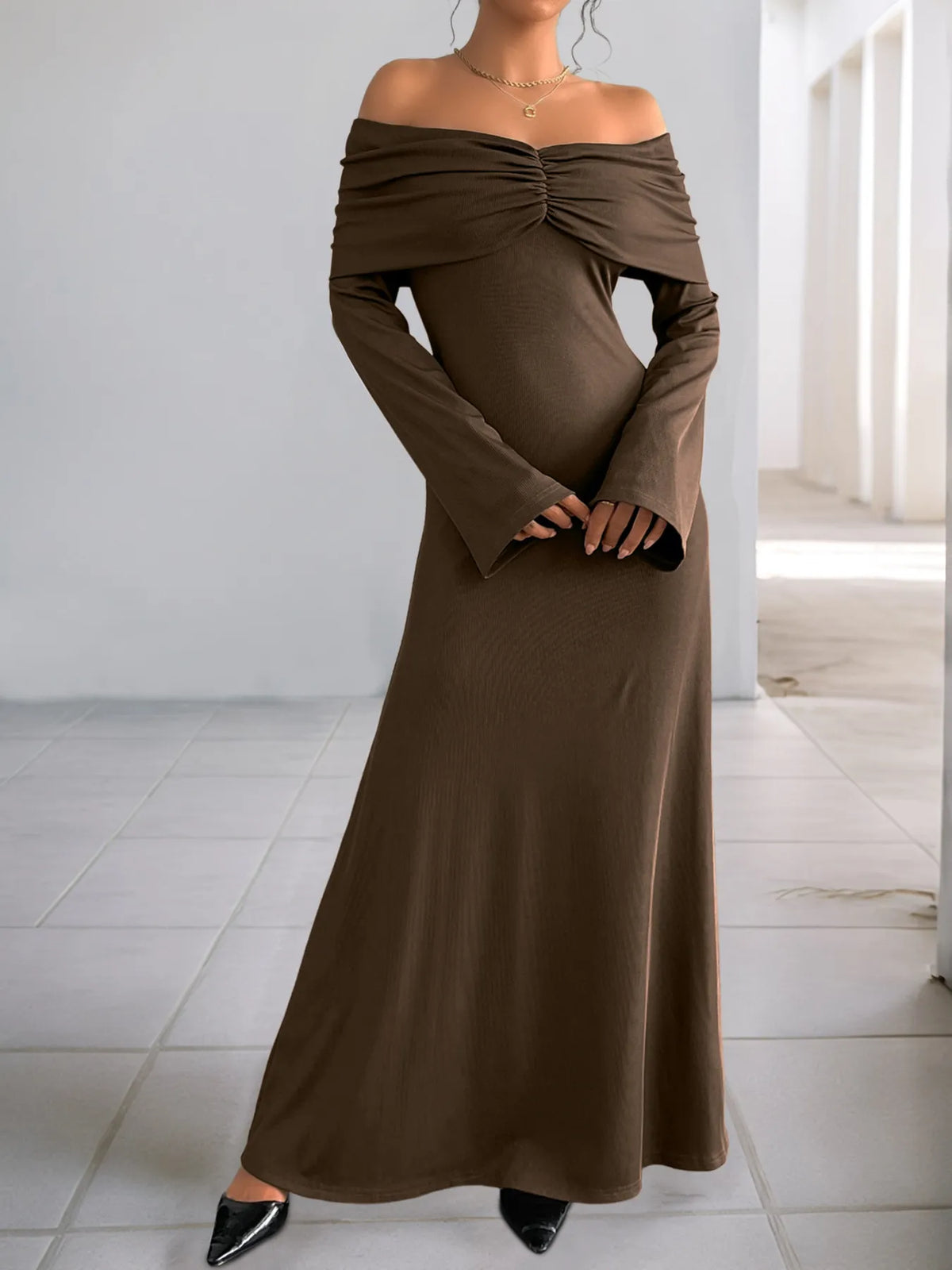 Off-Shoulder Ruched Bodycon Maxi Dress in Coffee Brown