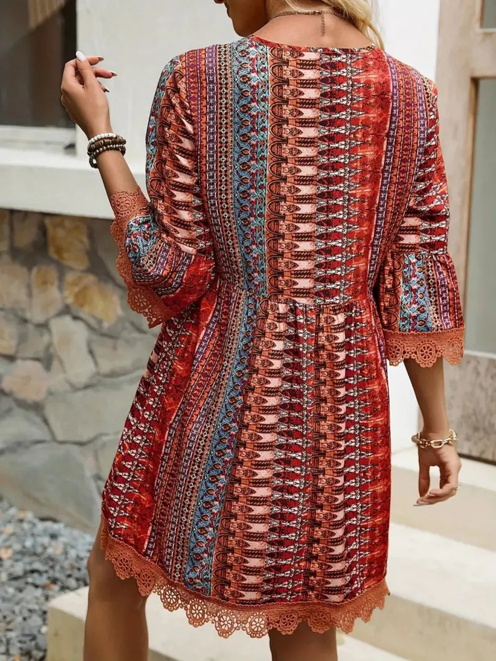 Lace-Trim Printed V-Neck Dress