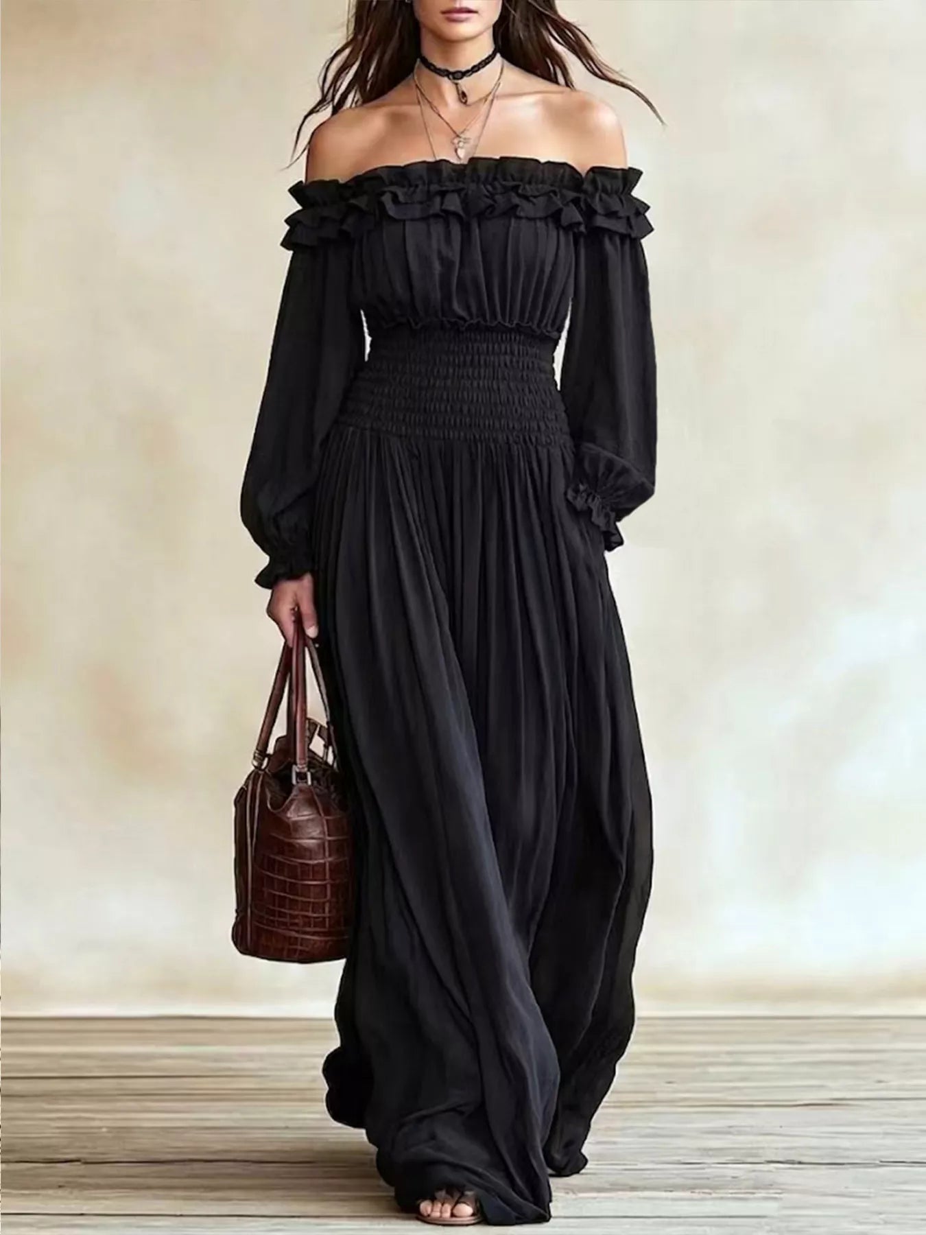 Off-Shoulder Smocked-Waist Maxi Dress