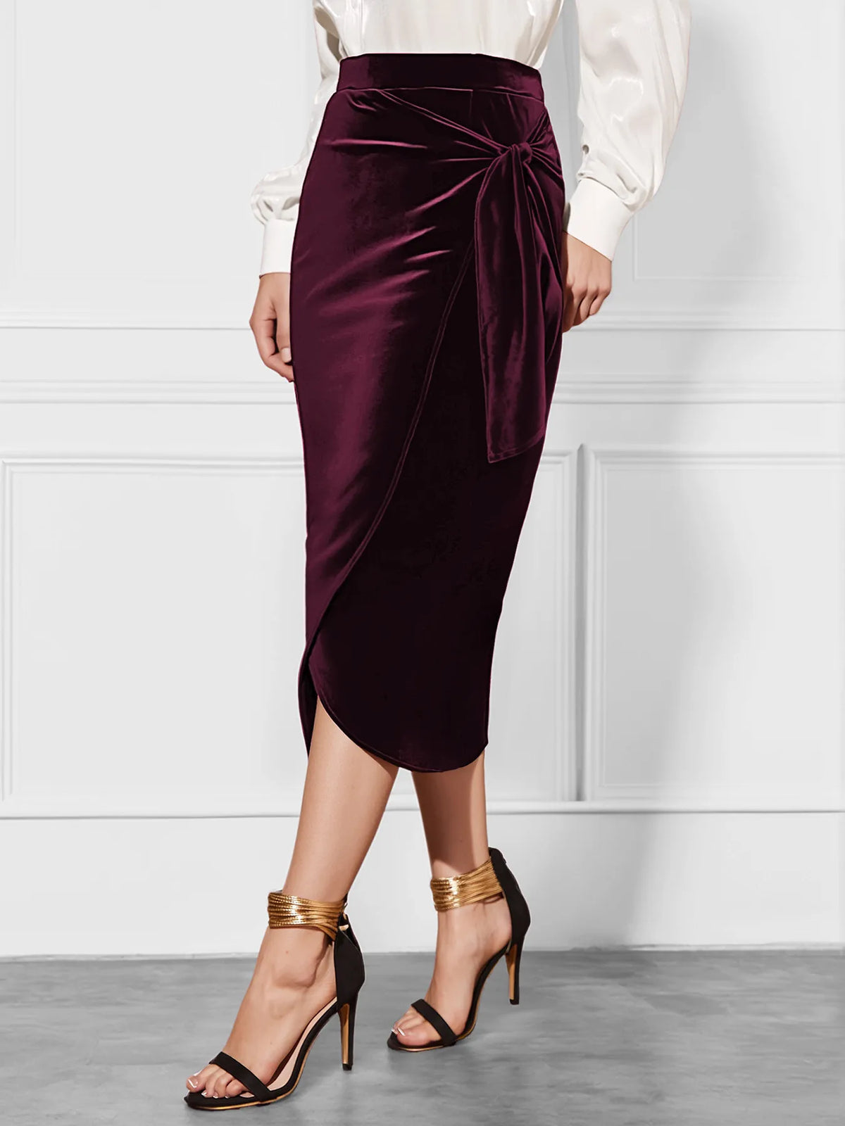 Side-Tied Velvet Skirt in Burgundy