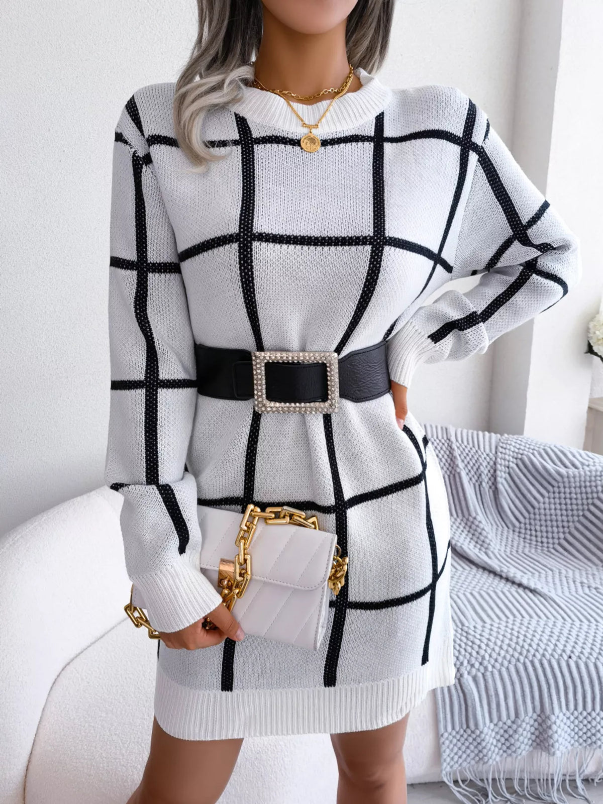 Plaid Long Sleeve Sweater Dress by Clise