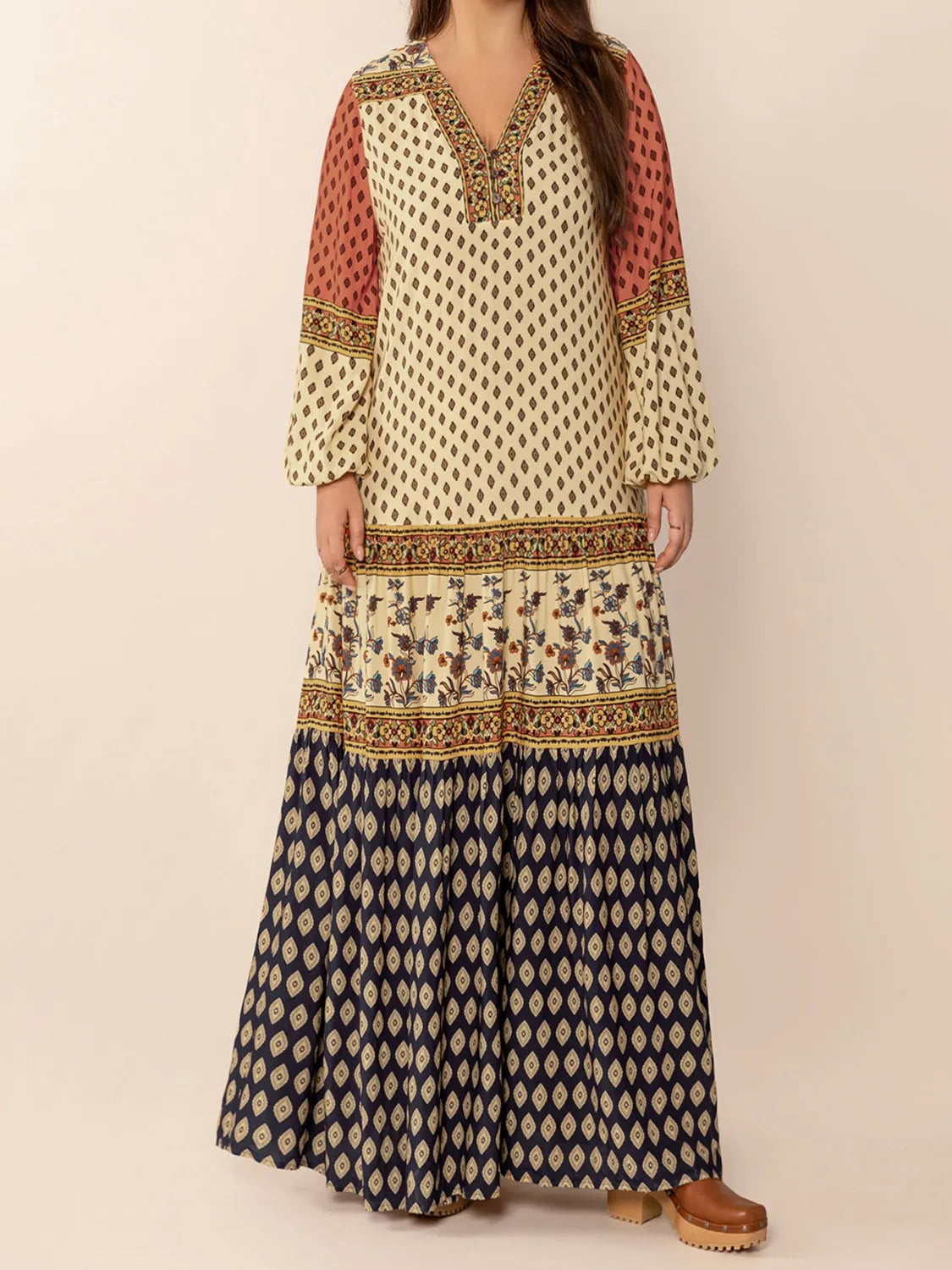 Printed V-Neck Balloon Sleeve Maxi Dress in Khaki