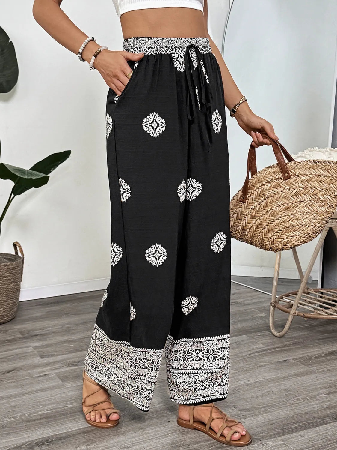 Black Boho Print Wide Leg Pants