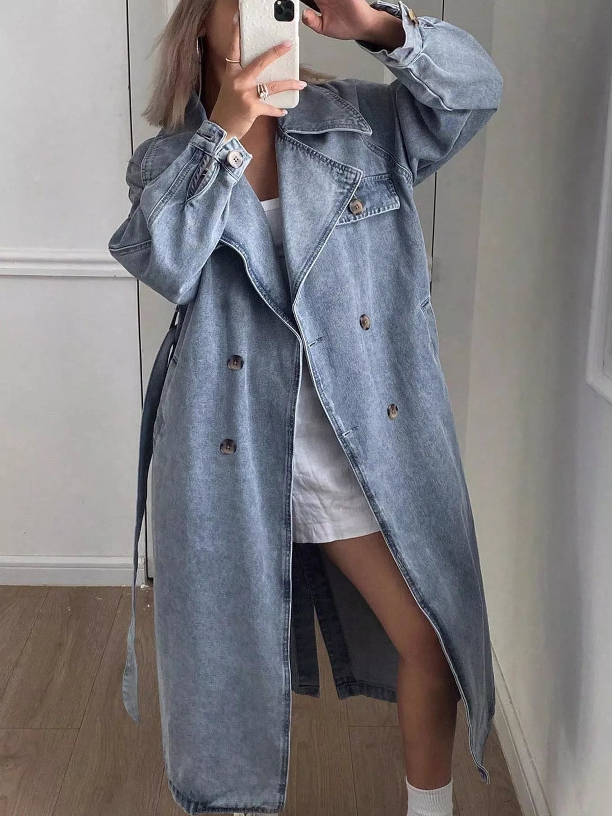 Longline Washed Denim Trench Jacket in Blue