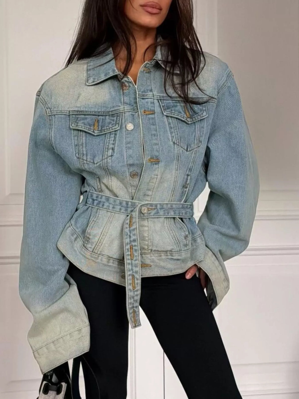 Vintage Wash Belted Denim Jacket in Blue