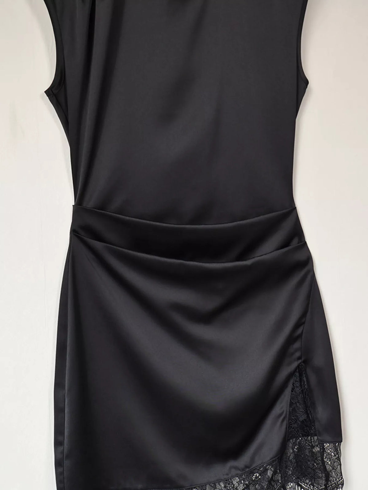 Satin Mock Neck Sleeveless Mini Dress with Lace Hem in Black