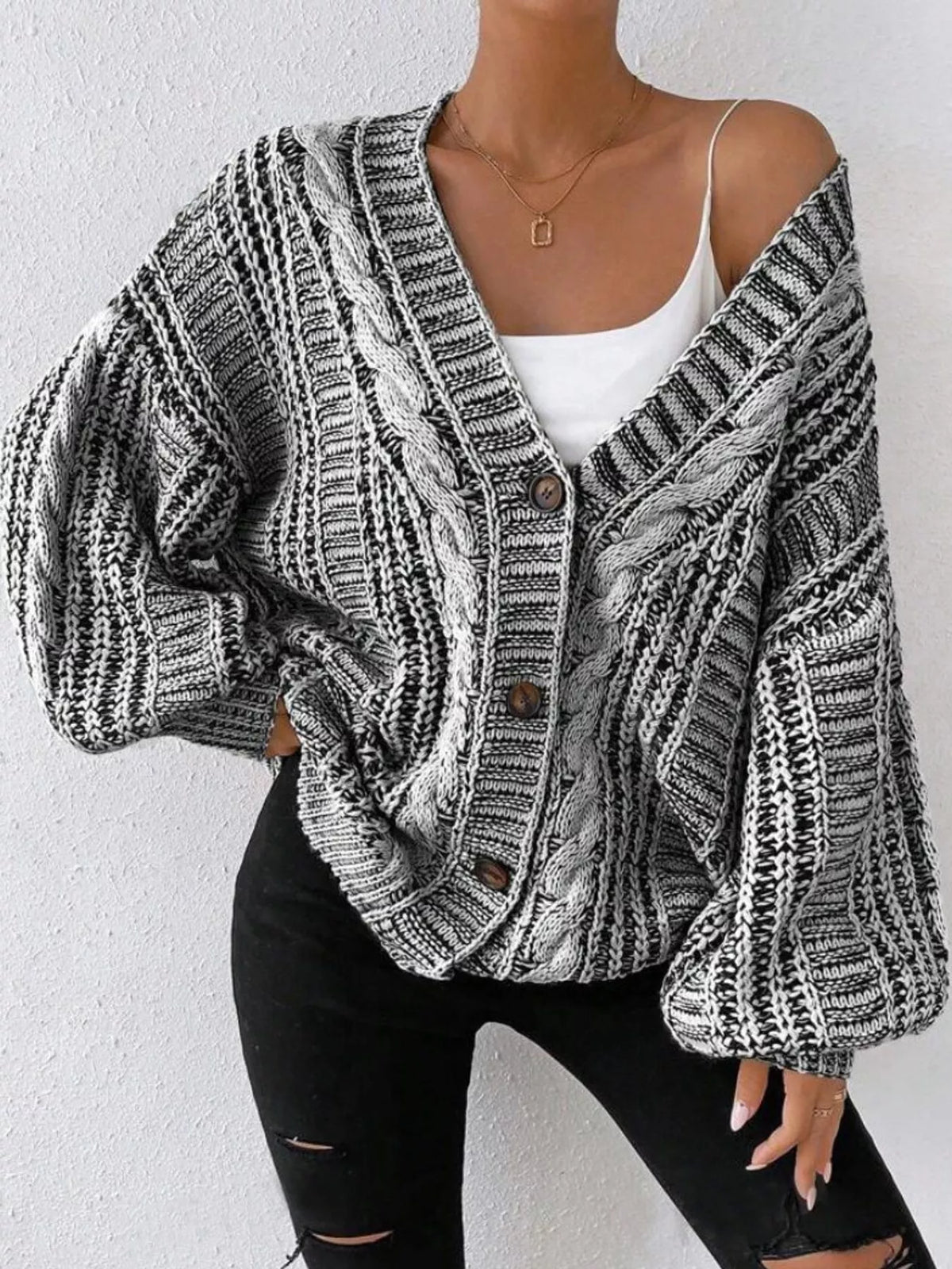 Chunky Cable Knit Button-Down Cardigan in Black
