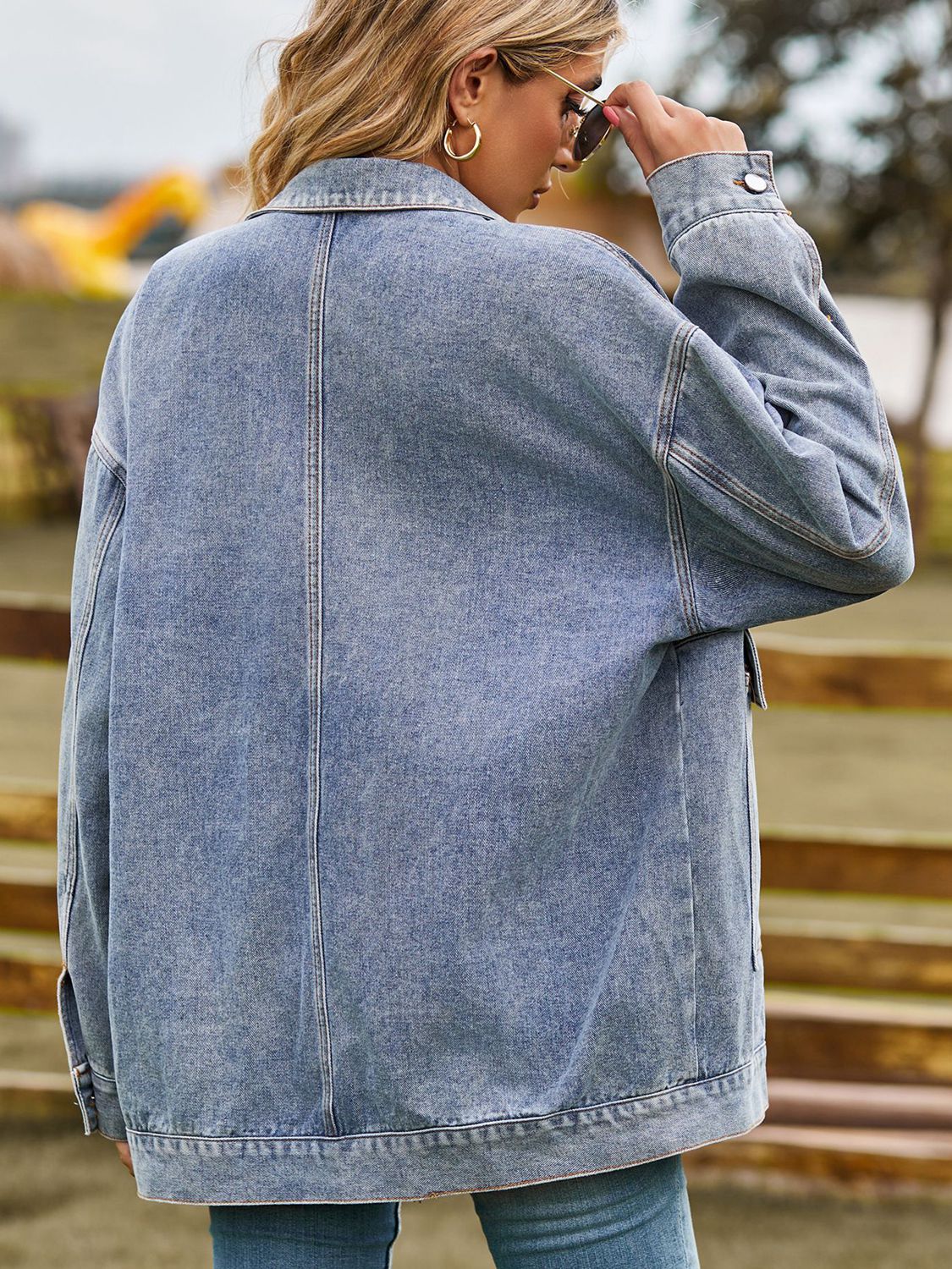 Dropped Shoulder Denim Jacket with Pockets by Manny