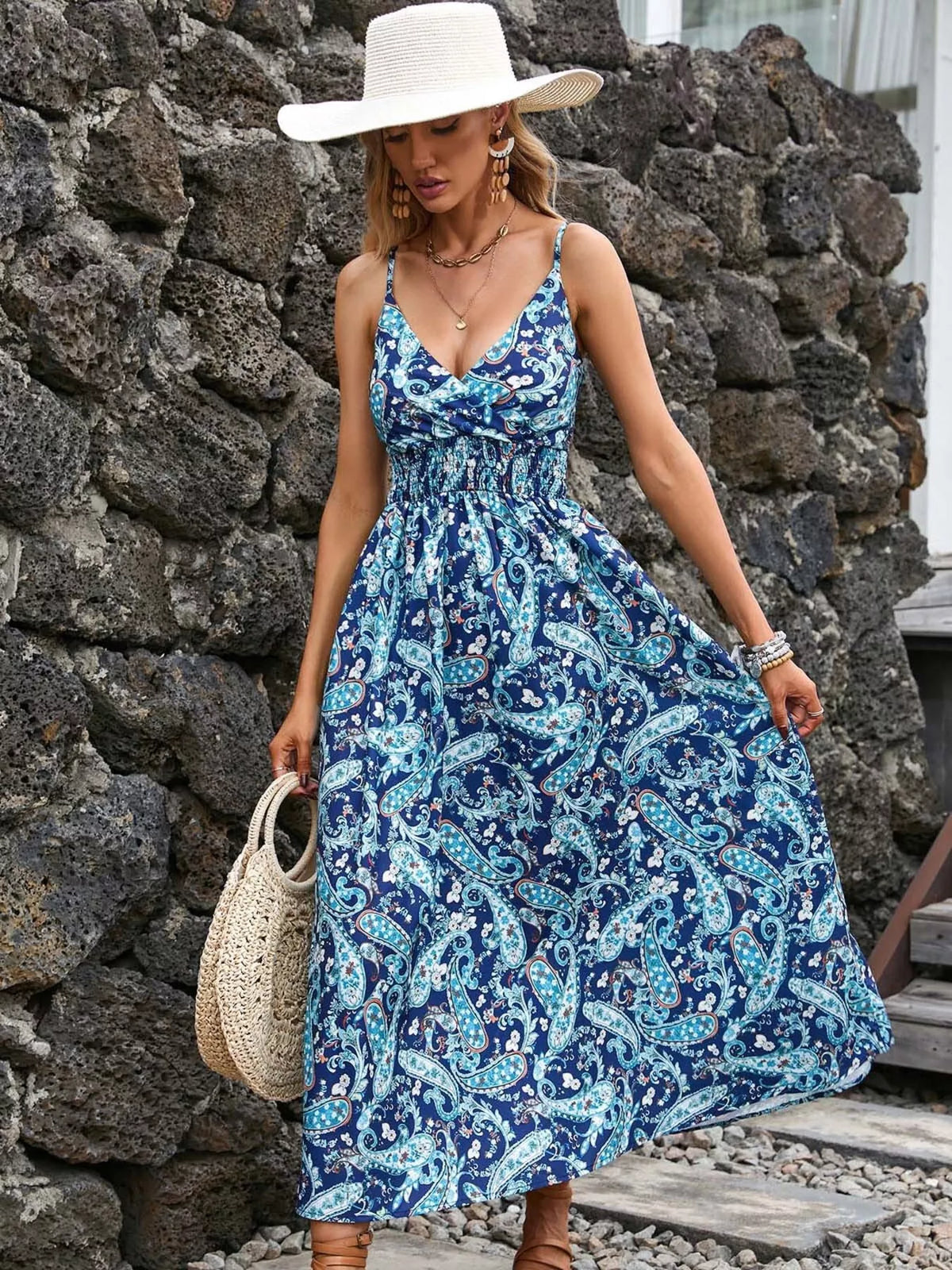 Smocked Paisley Midi Dress