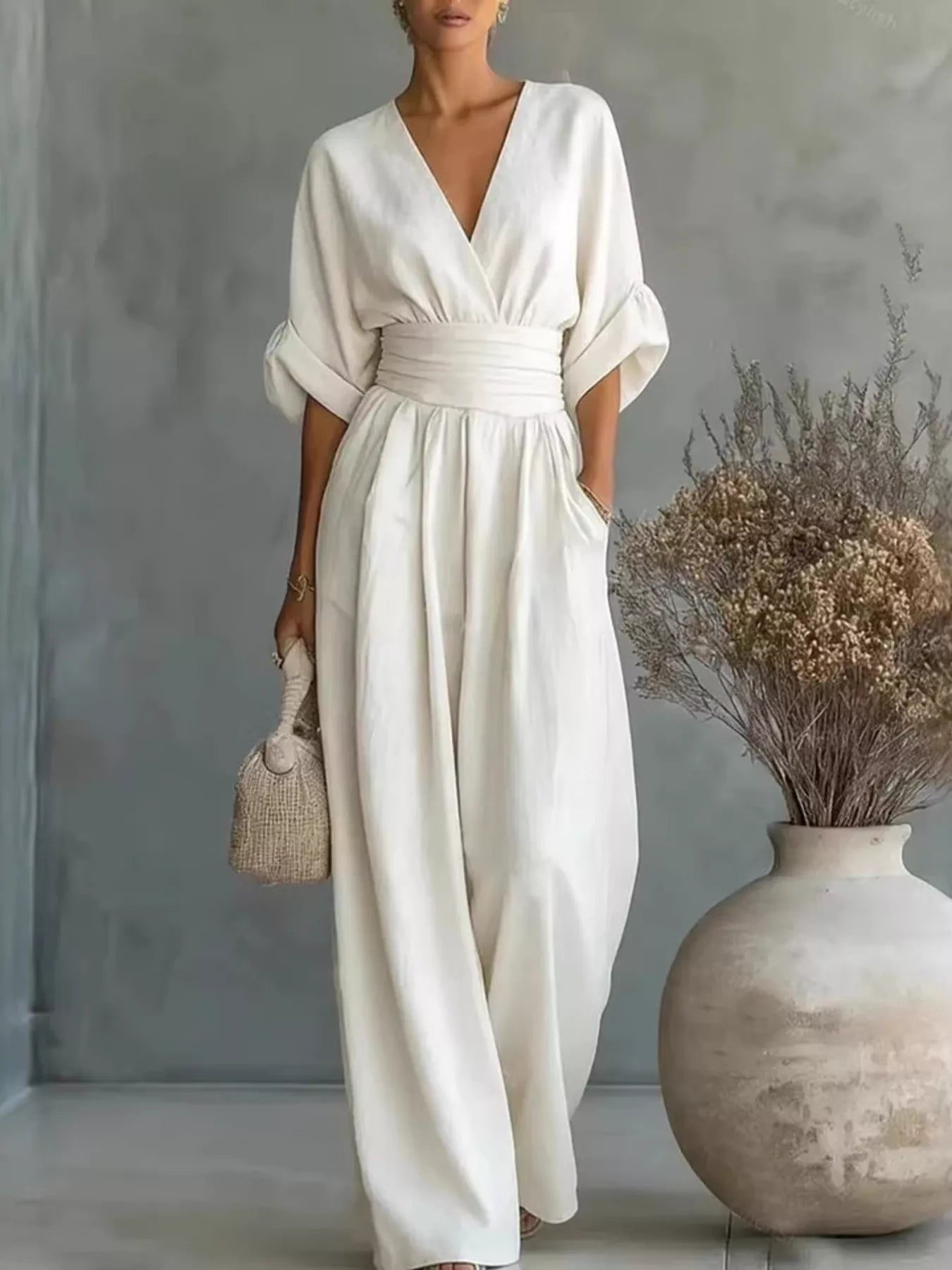 Half Sleeve Wide Leg Jumpsuit