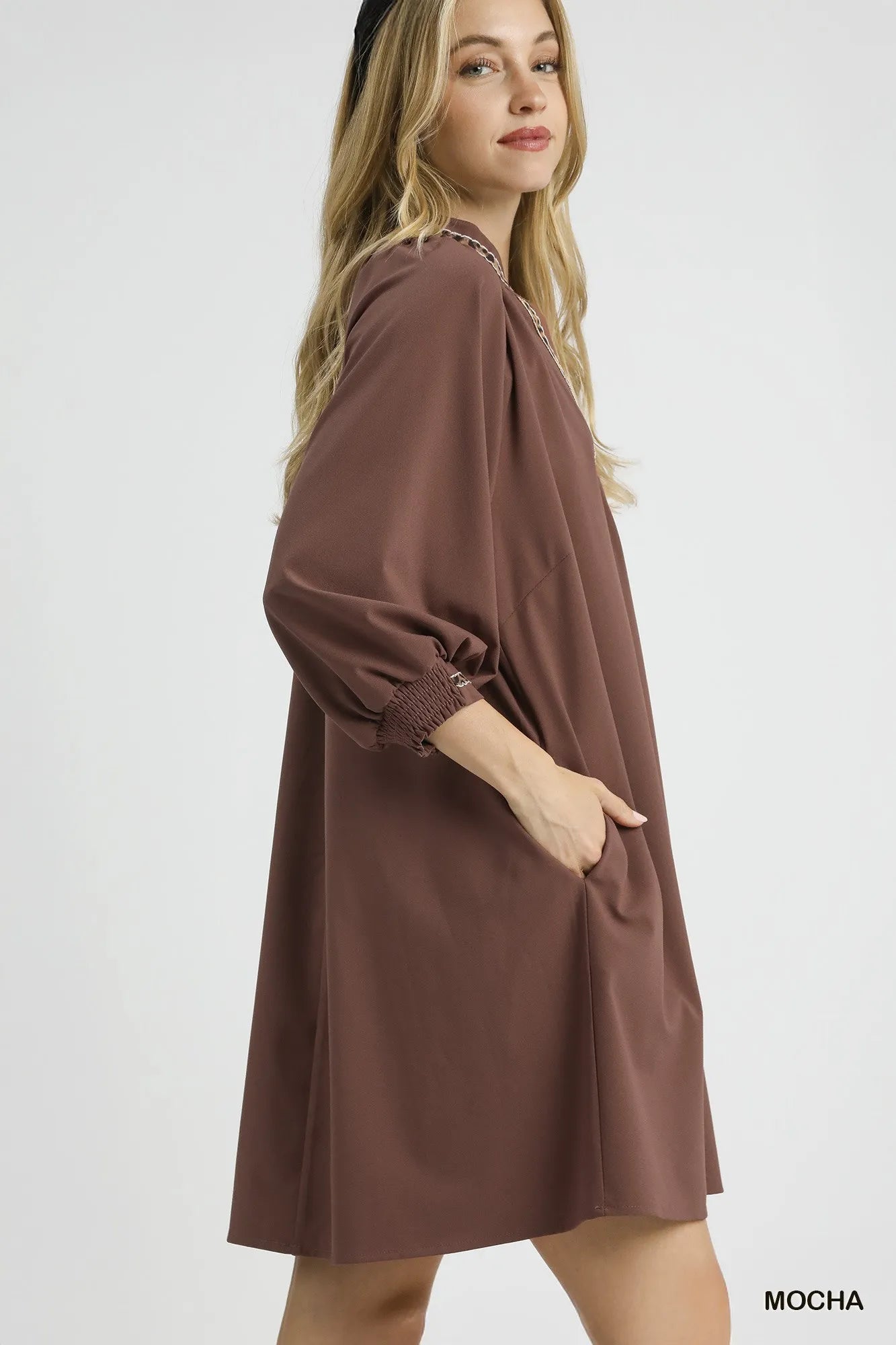 Umgee Notched Shift Dress with Trim Detail in Mocha