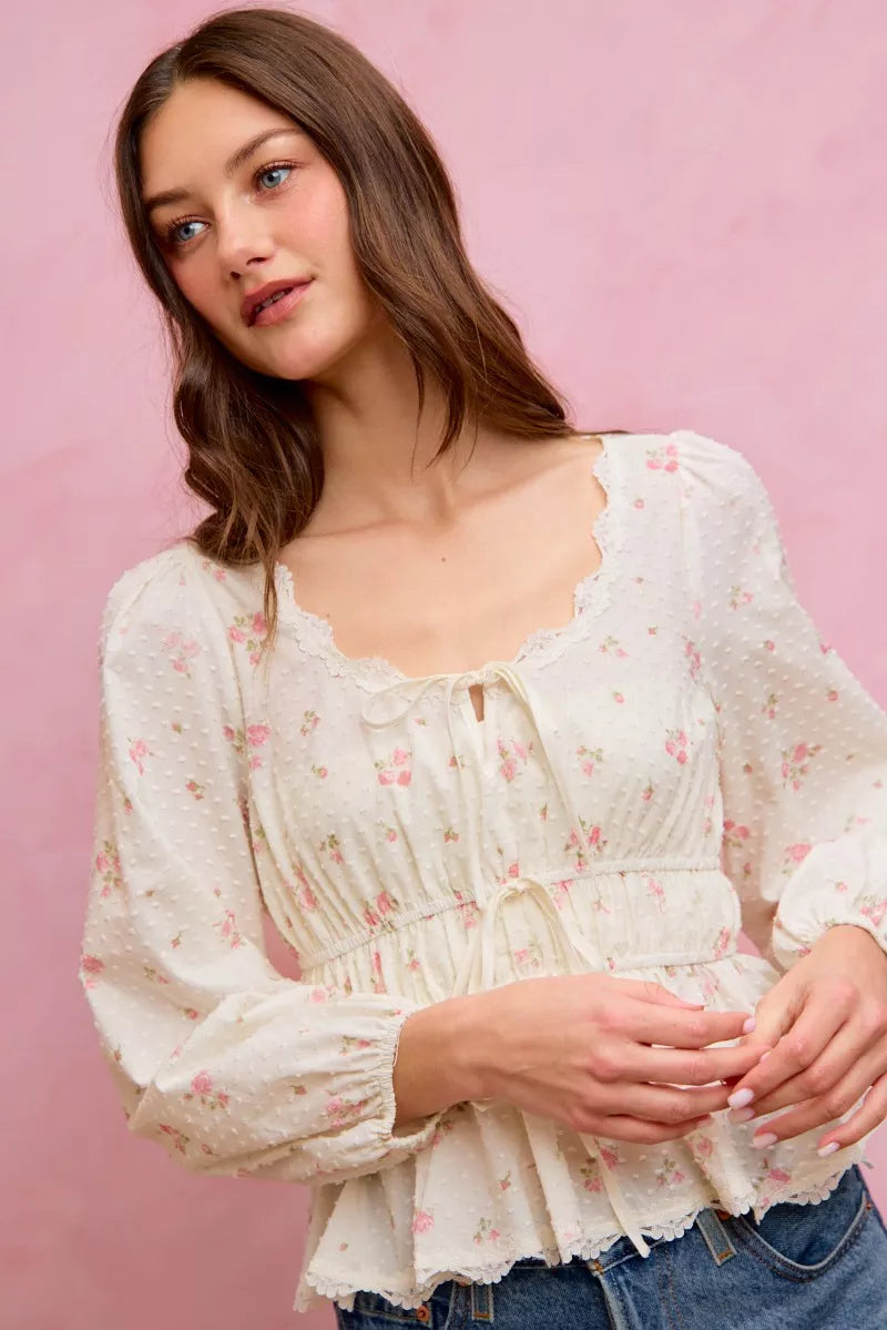 So Me Floral Clip Dot Lace Trim Blouse in White