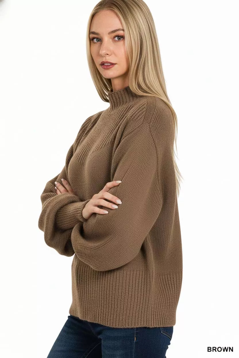 Zenana Balloon Sleeve Mock Neck Sweater in Brown