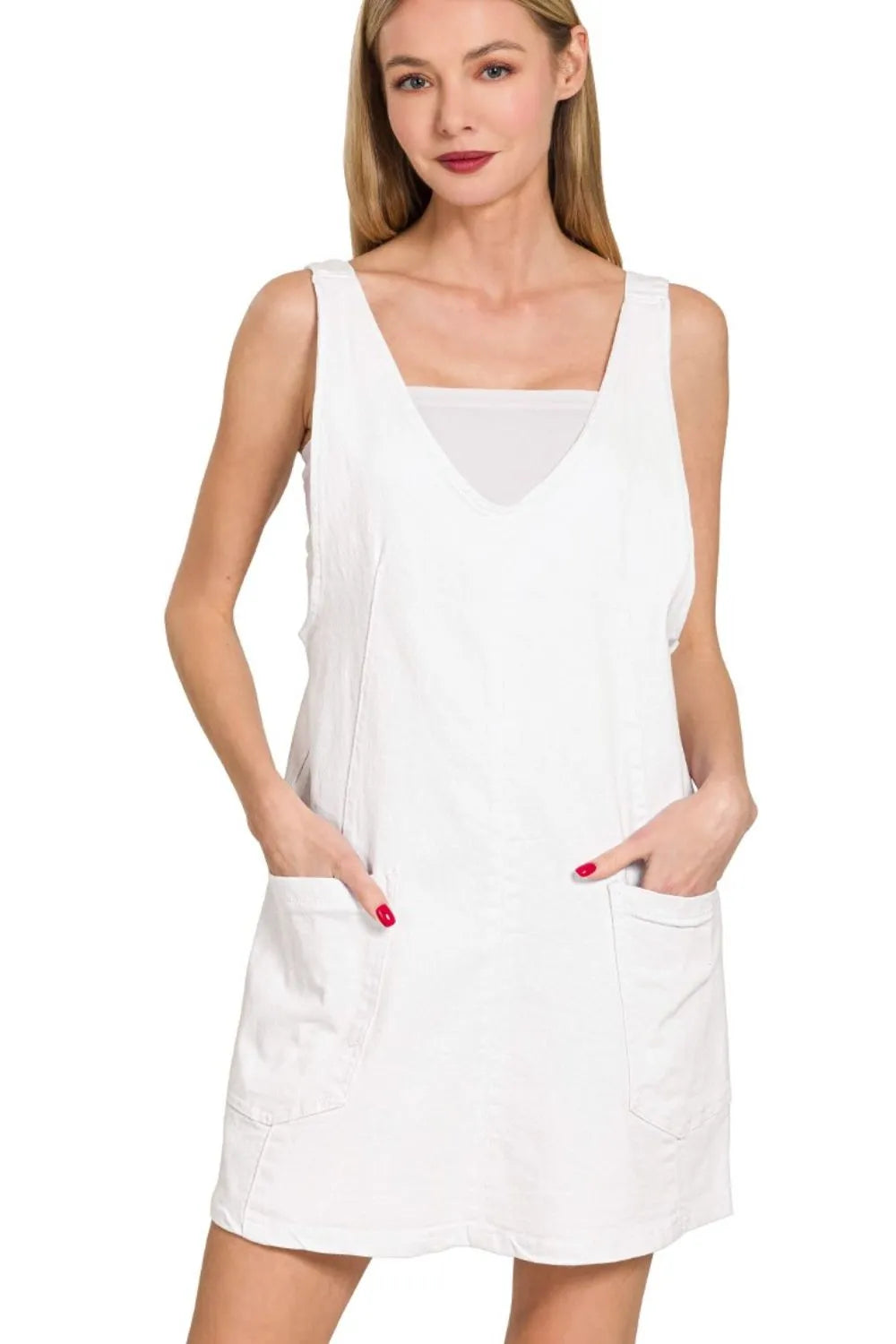 Zenana Washed Denim Overall Dress in White