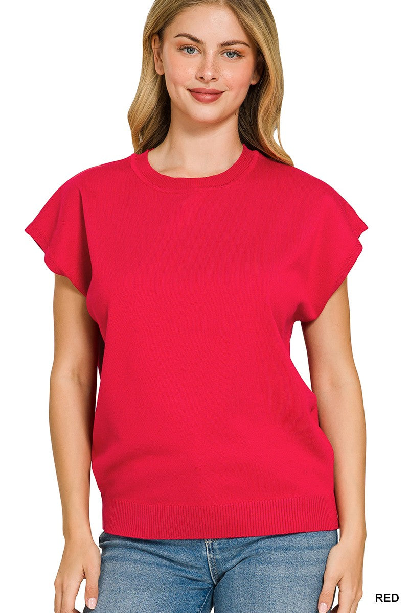 Zenana Round Neck Short Sleeve Sweater in Red