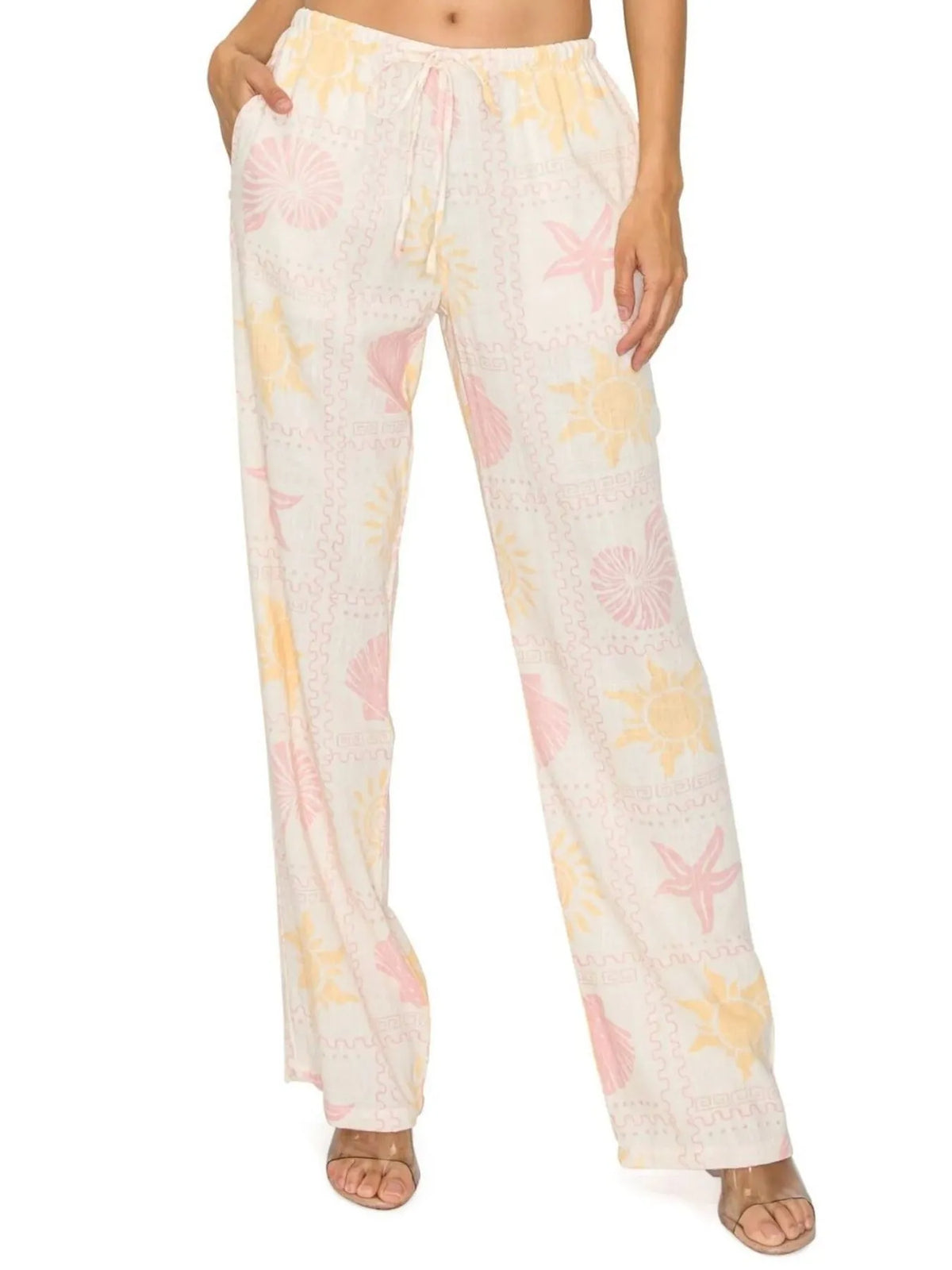 Printed Drawstring Straight Pants in Apricot