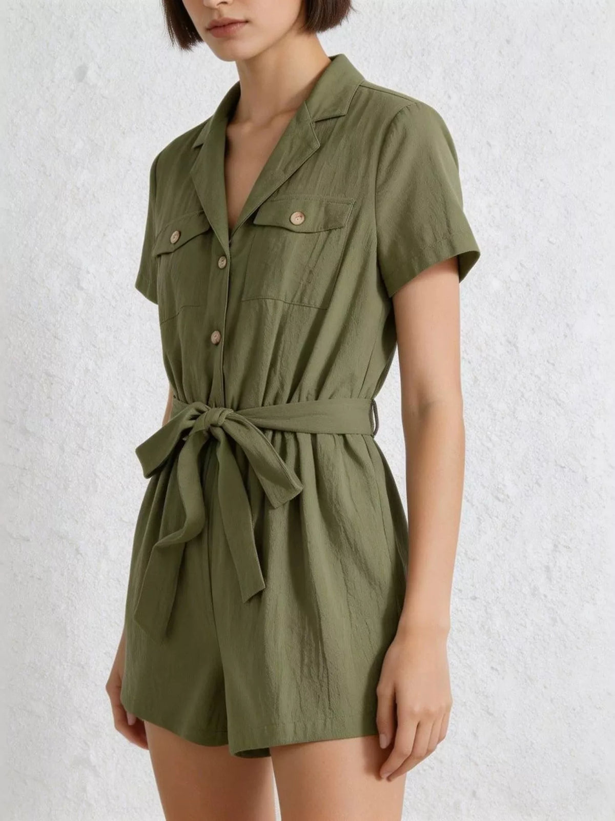 Tie-Waist Short Sleeve Romper in Moss