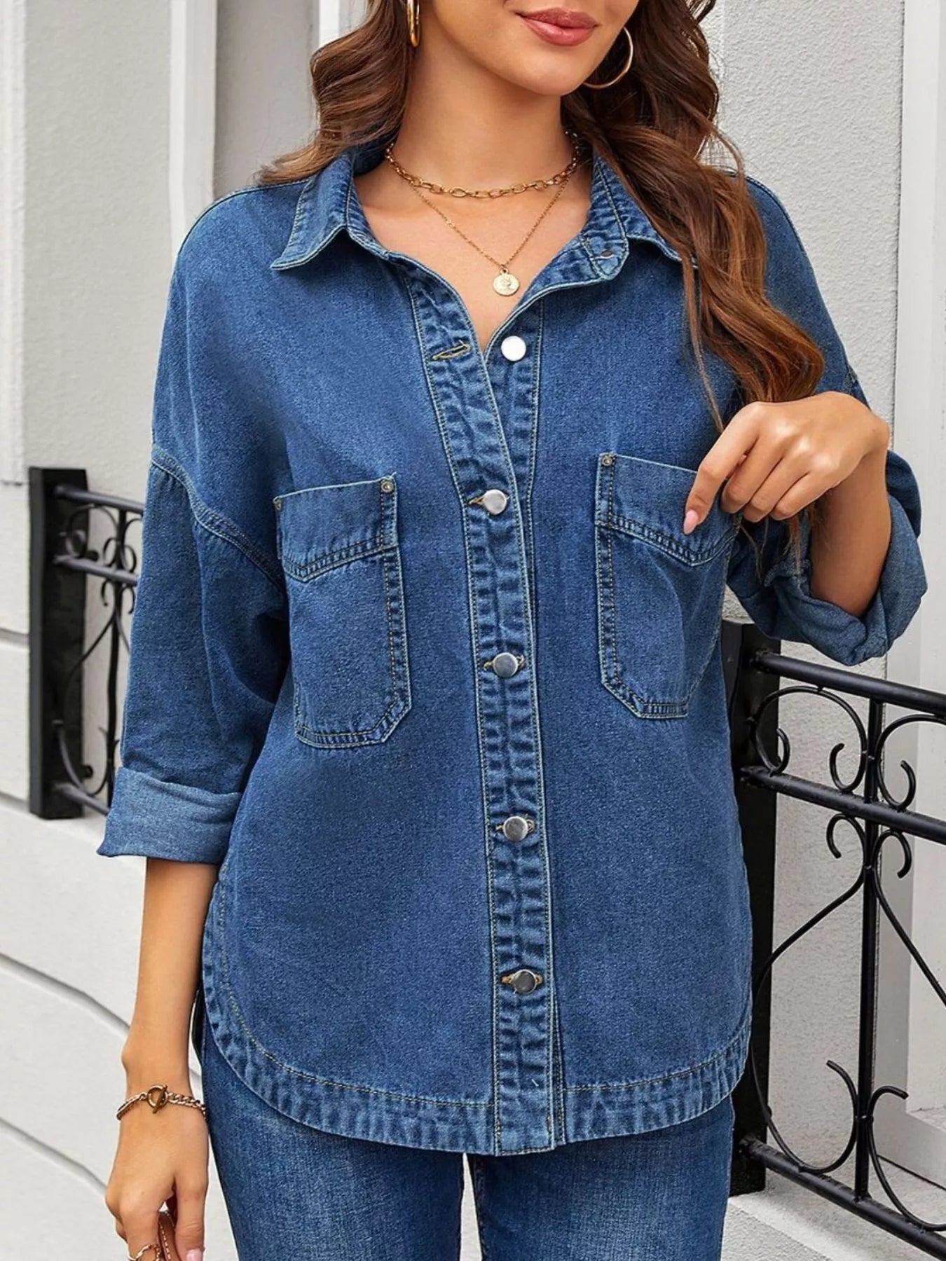 Loose Fit Button-Up Denim Jacket with Pockets by Moni Wear