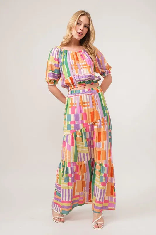 And The Why Geo Print Puff Sleeve Crop Top in Multi